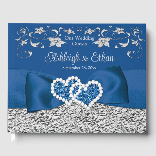 Royal Blue, Gray Love Hearts Wedding Guest Book (Front)