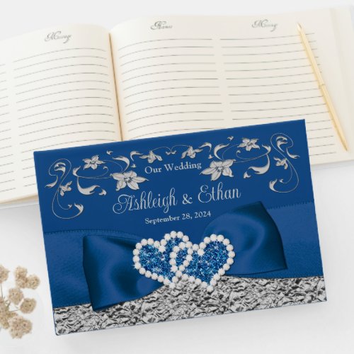 Royal Blue Gray Love Hearts Wedding Guest Book