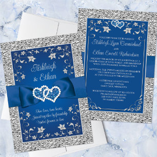 Royal Blue, Gray Love Hearts Wedding Invitation