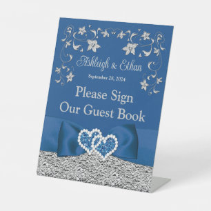 Royal Blue, Gray Love Hearts Wedding Pedestal Sign