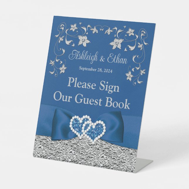 Royal Blue, Gray Love Hearts Wedding Pedestal Sign (Front)
