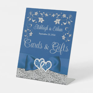 Royal Blue, Gray Love Hearts Wedding Pedestal Sign