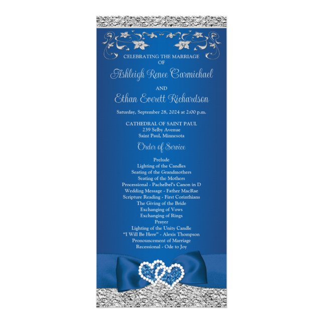 Royal Blue, Gray Love Hearts Wedding Program (Front)