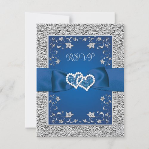 Royal Blue Gray Love Hearts Wedding RSVP Card