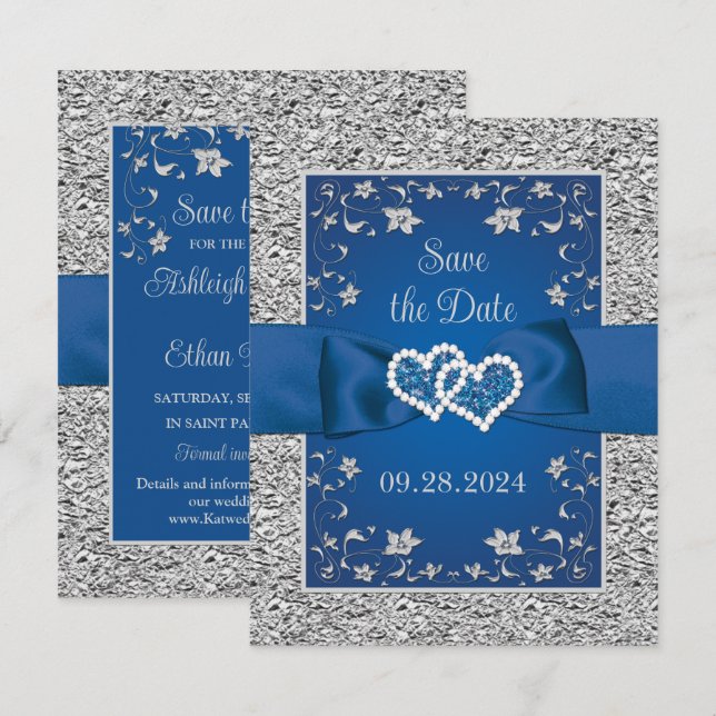 Royal Blue, Gray Love Hearts Wedding Save the Date (Front/Back)