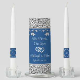 Royal Blue, Gray Love Hearts Wedding Unity Candle Set