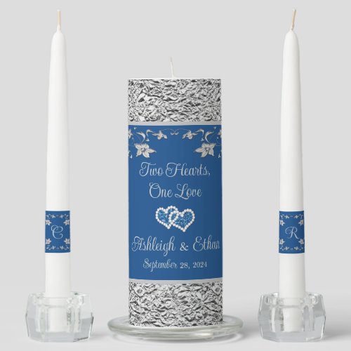 Royal Blue Gray Love Hearts Wedding Unity Candle Set