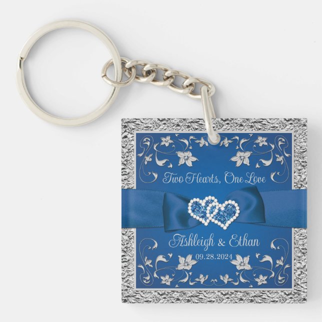 Royal Blue, Gray Two Hearts, One Love Keychain (Front)