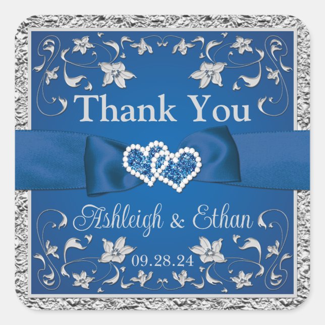 Royal Blue, Gray Two Hearts, One Love Square Sticker (Front)