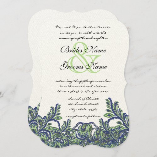 Royal Blue Green Feathery Paisley Peacock Wedding  Invitation