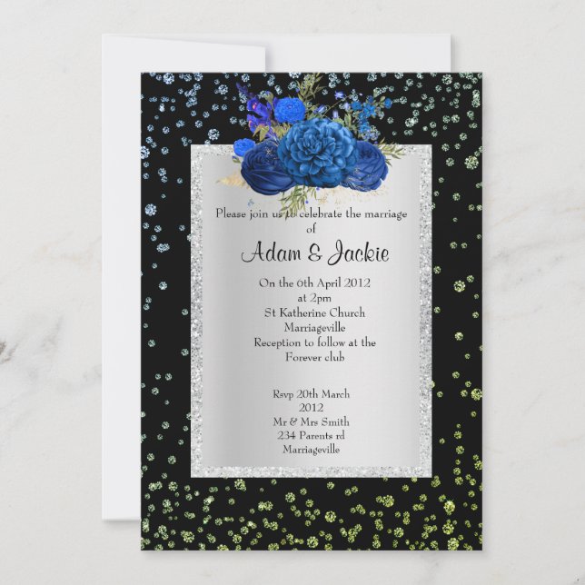 ROYAL BLUE green Floral crystal ELEGANT WEDDING Invitation (Front)