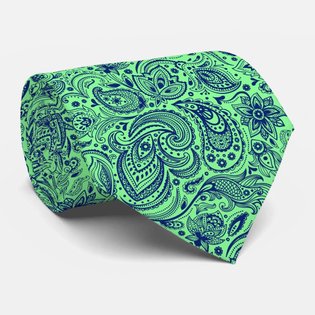 Royal-Blue & Green Floral Paisley Pattern Neck Tie (Rolled)