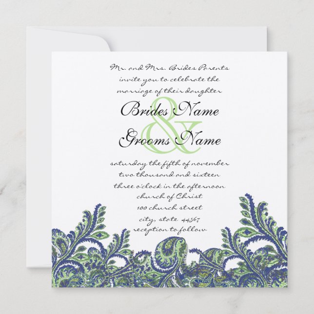 Royal Blue & Green Paisley Peacock Wedding Invite (Front)