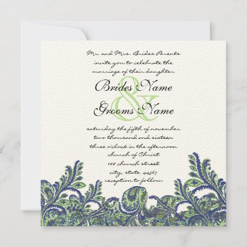 Royal Blue  Green Paisley Peacock Wedding Invite