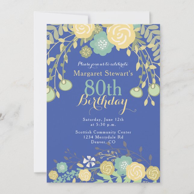 Royal Blue Green Yellow Floral 80th Birthday Invitation (Front)