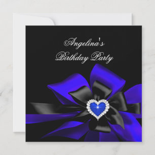 Royal Blue Heart Black Bow Image Birthday Party Invitation