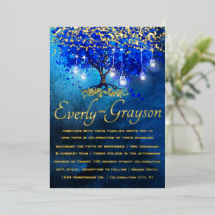 Royal Blue Heart Leaf Tree Gold Wedding Foil Invitation