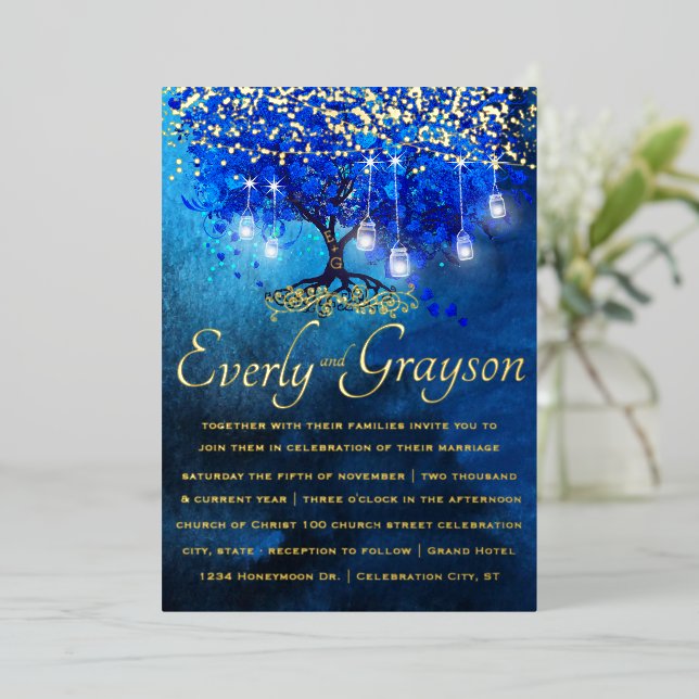 Royal Blue Heart Leaf Tree Gold Wedding   Foil Invitation (Standing Front)