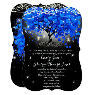 Royal Blue Heart Leaf Tree Mason Jar on Black Invitation