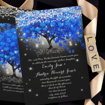 Royal Blue Heart Leaf Tree Mason Jar On Black Invitation by samack at Zazzle