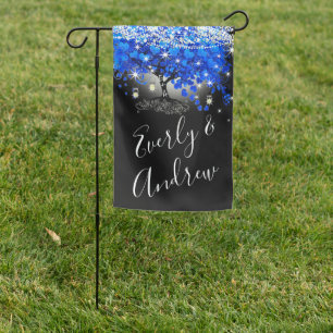Royal Blue Heart Leaf Tree on Black Wedding Garden Flag