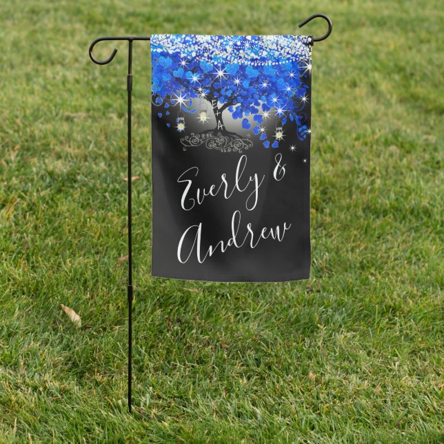 Royal Blue Heart Leaf Tree on Black Wedding Garden Flag (In SItu)