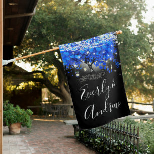 Royal Blue Heart Leaf Tree on Black Wedding House Flag
