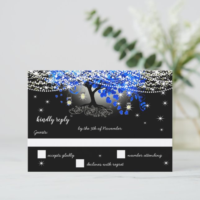 Royal Blue Heart Leaf Tree on Black Wedding RSVP Card (Standing Front)