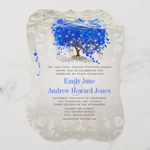 Royal Blue Heart Leaf Tree Wedding Fairytale Invitation