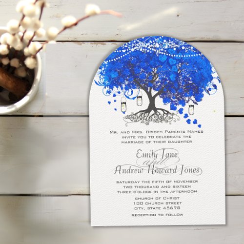 Cobalt Blue Heart Leaf Tree Wedding Invitations