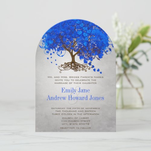 Royal Blue Heart Leaf Tree Wedding Invites