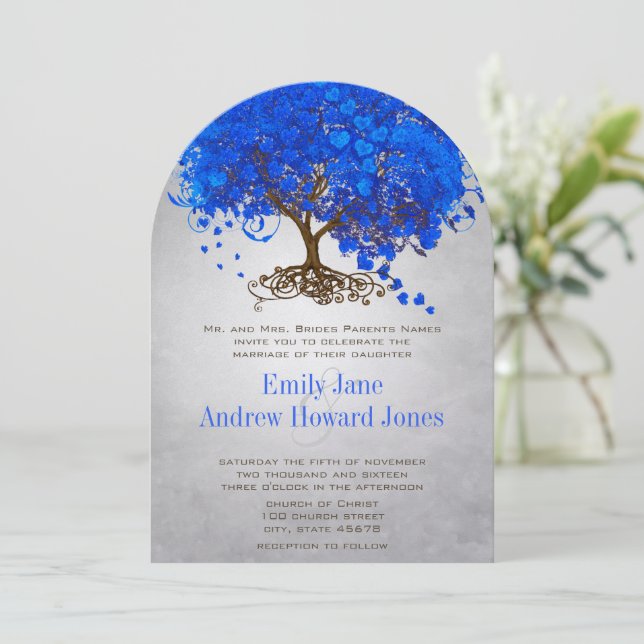 Royal Blue Heart Leaf Tree Wedding Invitations (Standing Front)