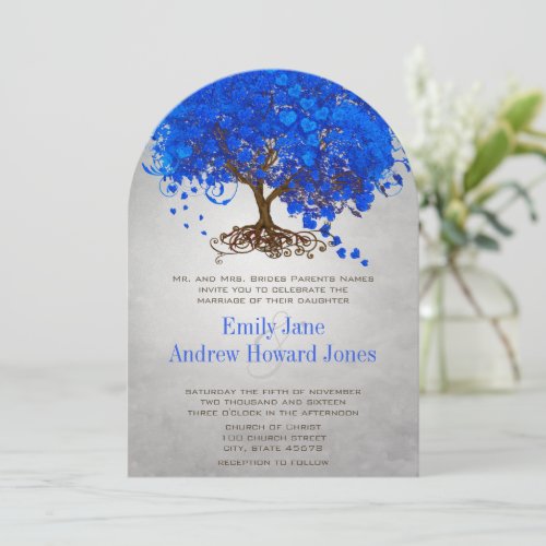 Royal Blue Heart Leaf Tree Wedding Invites
