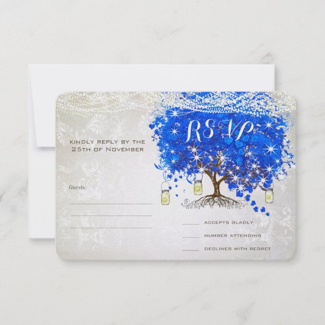 Royal Blue Heart Leaf Tree Wedding RSVP (Front)