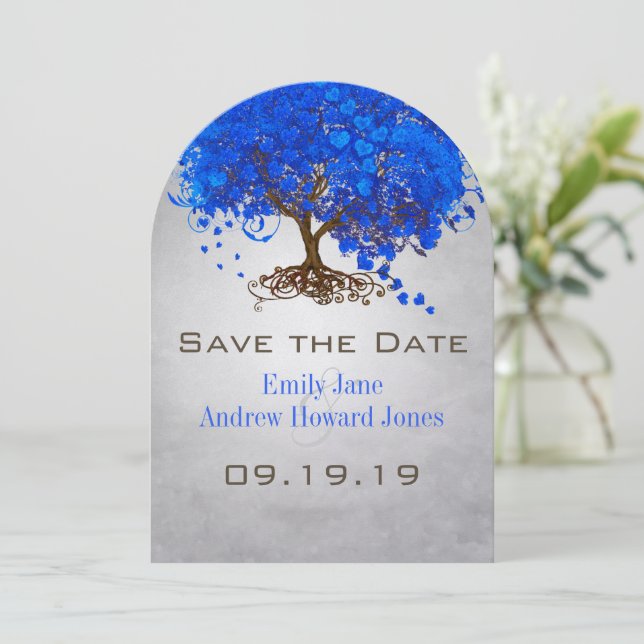 Royal Blue Heart Leaf Tree Wedding Save the Date (Standing Front)
