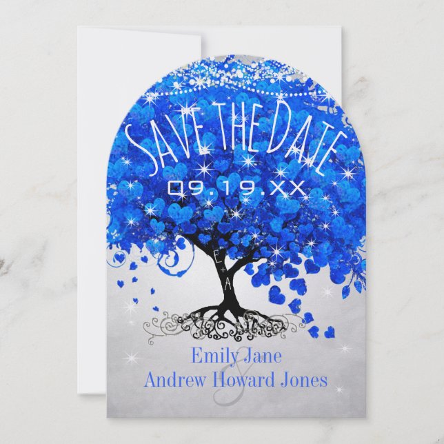 Royal Blue Heart Leaf Tree Wedding Save the Date (Front)