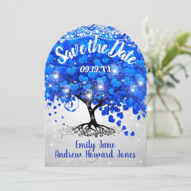 Royal Blue Heart Leaf Tree Wedding Save the Date (Standing Front)