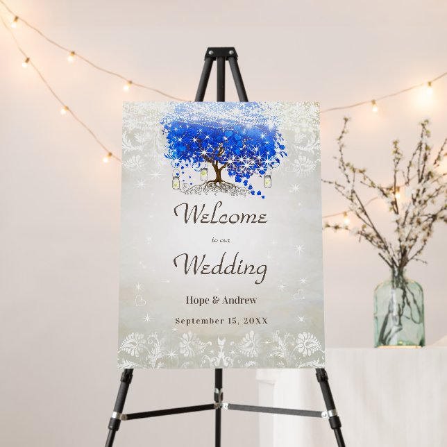 Royal Blue Heart Leaf Tree Wedding Welcome Sign  (In Situ (Stand))