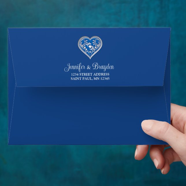 Royal Blue Heart Wedding Invitation Envelope (Hand)
