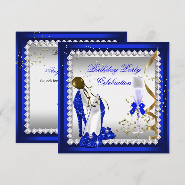Royal Blue Heels Gold Champagne Birthday Party Invitation (Front/Back)