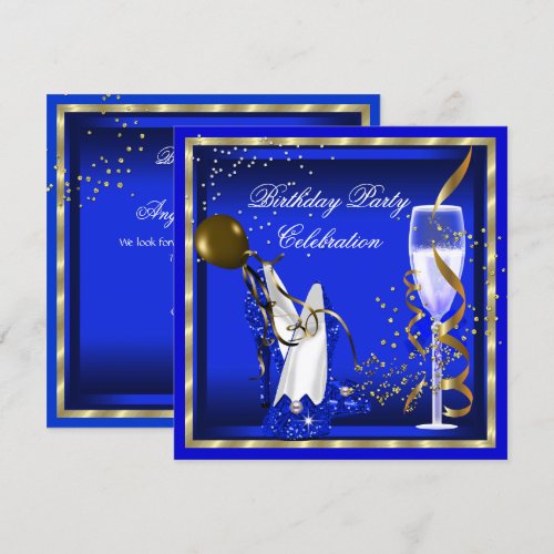 Royal Blue Heels Gold Glitter Birthday Party Custom Invites