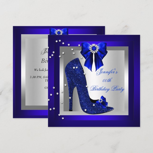 Royal Blue High Heel Shoe Silver Birthday Party Invitation (Front/Back)