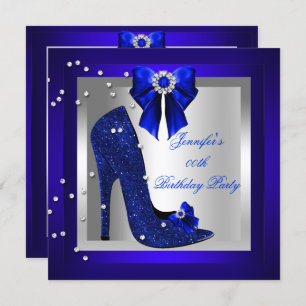 Royal Blue High Heel Shoe Silver Birthday Party Invitation