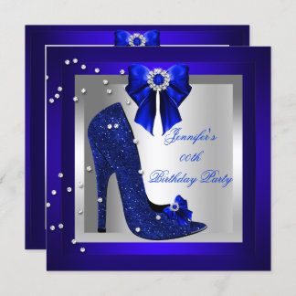 Royal Blue High Heel Shoe Silver Birthday Party Invitation