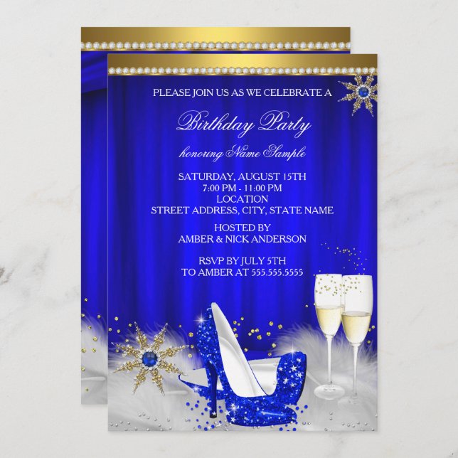 Royal Blue High Heels Snowflake Gold Champagne Invitation (Front/Back)