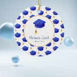Royal Blue High School Graduation Christmas Ceramic Ornament<br><div class="desc">Cute ornament with a pattern and illustration of a blue graduation cap with a golden tassel as a keepsake for his or her graduation. Personalize the text with your own information. Illustrated and designed by Patricia Alvarez.</div>