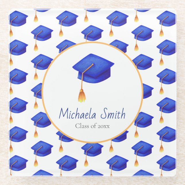 Royal Blue High School Graduation Personalized  Glass Coaster (Front)