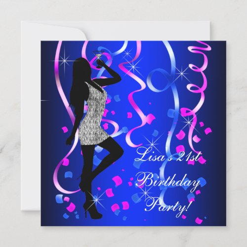 Royal Blue Hot Pink 21st Birthday Party Invitation