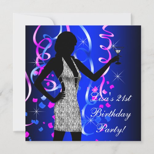 Royal Blue Hot Pink 21st Birthday Party Invitation