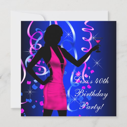 Royal Blue Hot Pink 40th Birthday Party Invitation